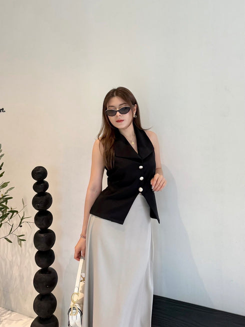 Collar Down Sleeveless Vest With Skirts Sets